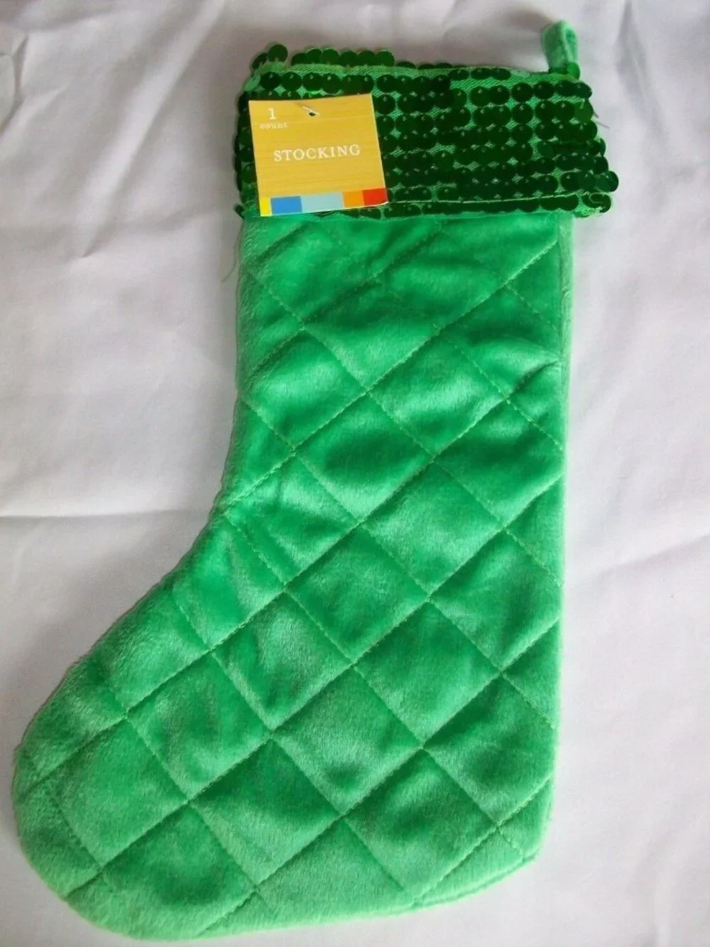 Unbranded Green Quilted Christmas Stocking Sequined Cuff Holiday Decor 16 Inches